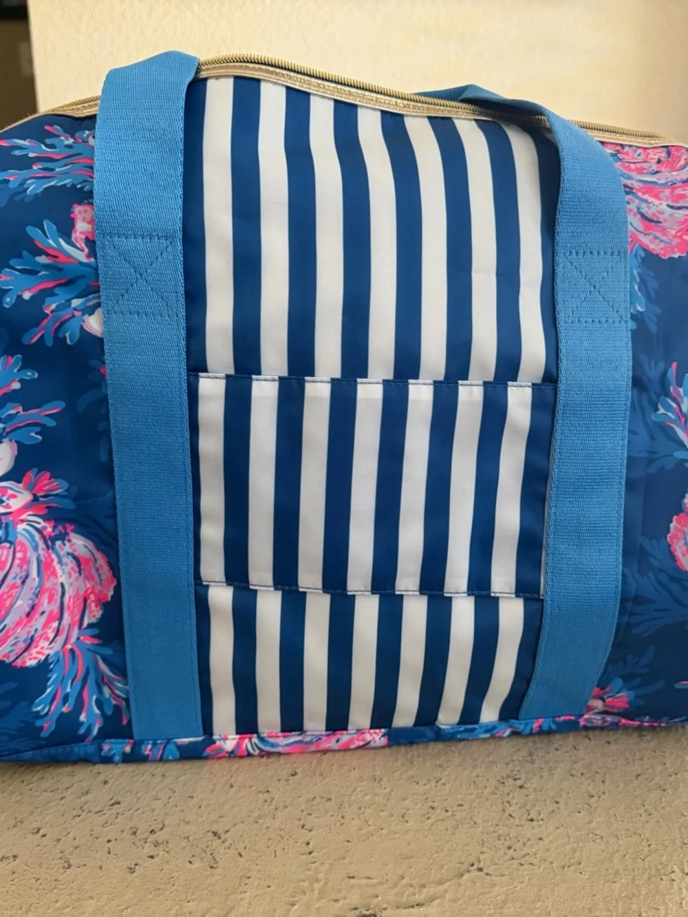 Lilly Pulitzer Blue Floral Stripe Tote with Pink Accents_NWOT_Never used - Picture 5 of 5